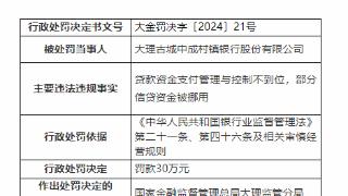 因贷款金支付管理不到位等，大理古城中成村镇银行被罚30万元