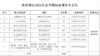 重庆市沙坪坝区：连续八天！春节期间特定区域约7000个停车位免费停放