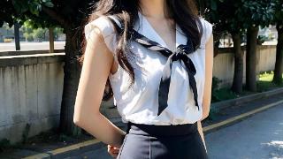 白色上衣配黑色短裙，看起来像是校服或制服风格