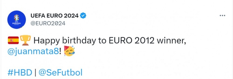 胡安-马塔迎来35岁生日，欧洲杯官方为他送上祝福