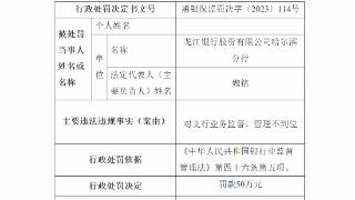 龙江银行哈尔滨分行及双城支行被罚 分行管理不到位