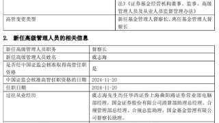 国金基金督察长张静离任 虞志海任督察长