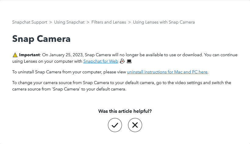 snap宣布1月25日关闭视频滤镜应用