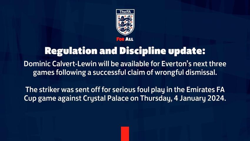 英足总官方：勒温红牌上诉成功，他能出战埃弗顿接下来3场比赛
