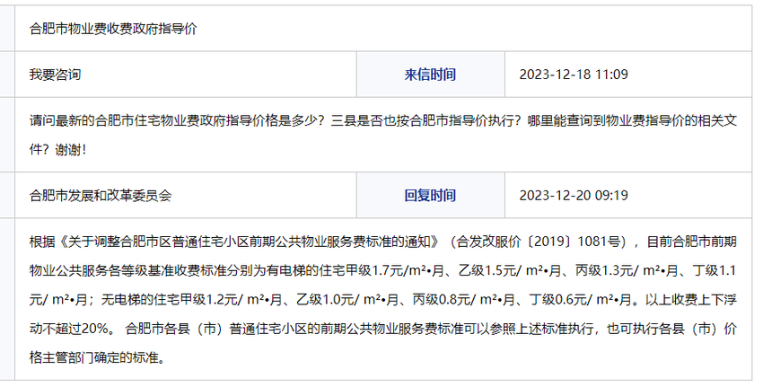 合肥市物业费政府指导价是多少？官方回复