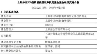 上银中证500指数增强型增聘基金经理翟云飞