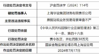 上海华谊集团财务公司因票据贴现审查不严被罚30万元