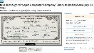 乔布斯签名苹果公司原始支票正在拍卖中 竞拍价格已达16万元
