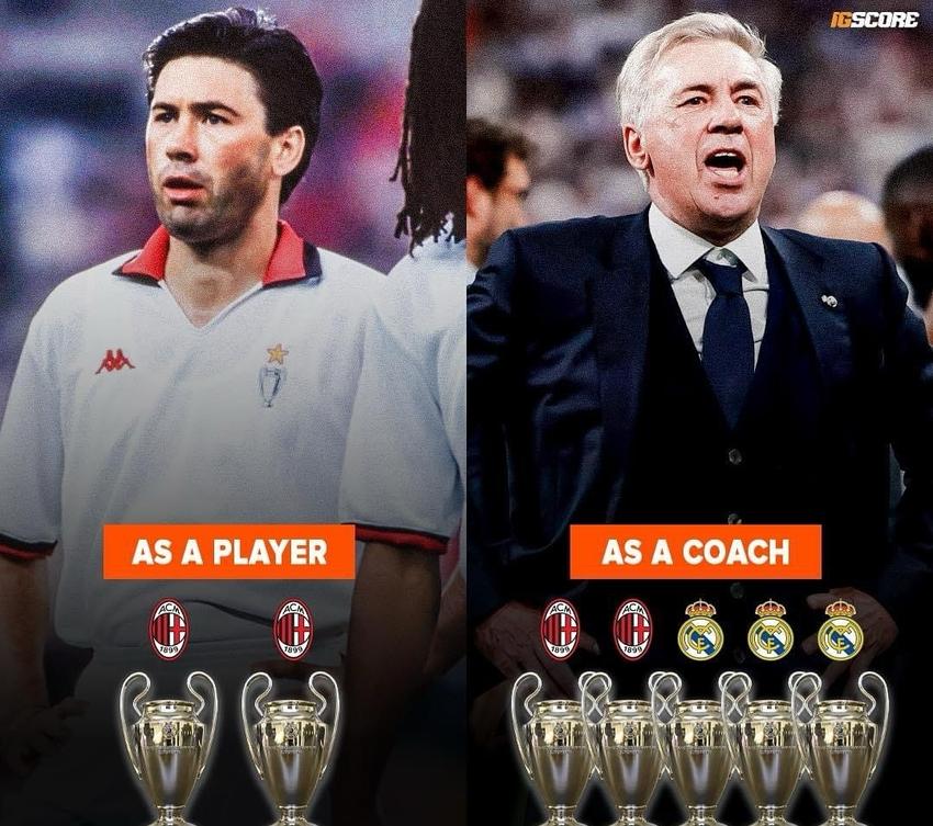 安切洛蒂球员+教练生涯7夺欧冠，米兰4次皇马3次