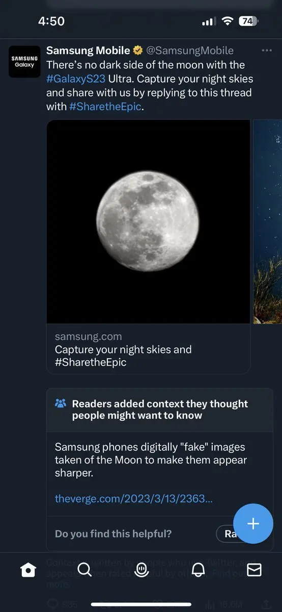 三星Galaxy S23 Ultra月亮照片广告遇尴尬 被Twitter打上“假”标签