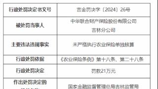 因农业保险核算执行不严，中华联合财险吉林公司被罚款21万元