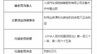 因利用业务便利牟不当利益，人保汽车销售公司一营业部被罚6万元