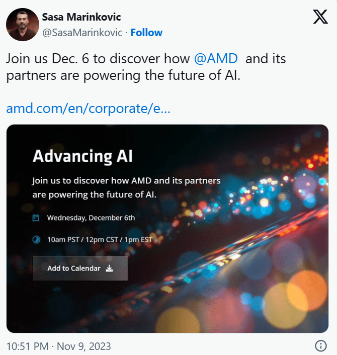 AMD 官宣 12 月 7 日举办 AI 特别活动
