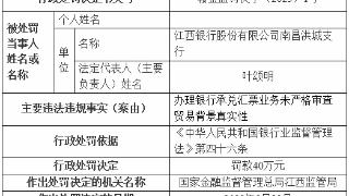 江西银行南昌洪城支行被罚 汇票未严审贸易背景真实性