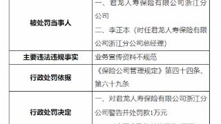 因业务宣传资料不规范，君龙人寿保险浙江分公司受警告处罚1万元