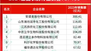 2024年中国农药销售百强榜名单公布，潍坊企业润丰股份排名第二