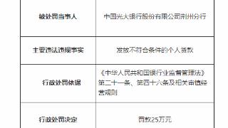 因发放不符合条件的个人贷款 光大银行荆州分行被罚25万元