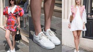 时尚巴黎女孩夏季白色运动鞋的穿搭