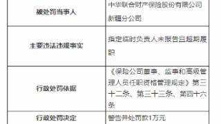 因负责人未报告且超期履职，中华联合财险新疆公司被处罚1万元