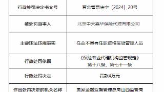 因任命不具任职资格的高管，北京中天嘉华保险被处罚4万元