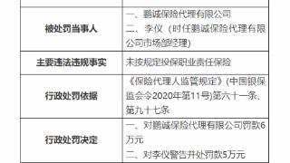 因未按规定投保职业责任保险，鹏诚保险被罚款6万元