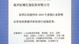 温州医博肛肠医院荣获2024年度浙江省室间质评优秀成绩