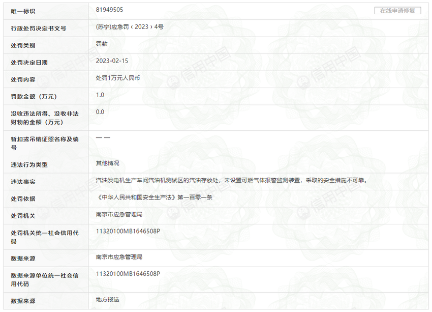 南京市应急管理局关于江苏苏美达机电科技有限公司的行政处罚信息