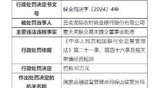 因重大关联交易未提交董事会批准，云南龙陵农商银行被罚30万元