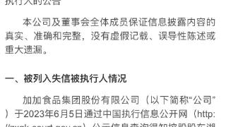 加加食品控股股东及实控人杨振、肖赛平被列为“失信被执行人”