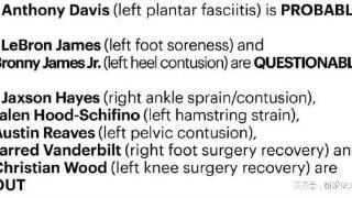 湖人伤病潮愈发迅猛，詹眉均出战成疑，五将确定缺席比赛